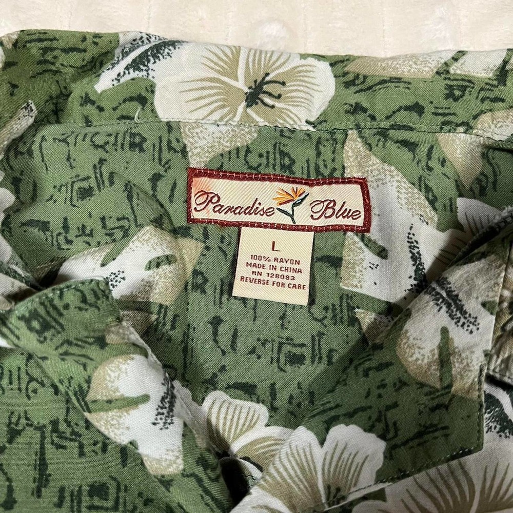 Paradise Blue Flower Floral Green Hawaiian Button Up Shirt Large - Picture 6 of 6